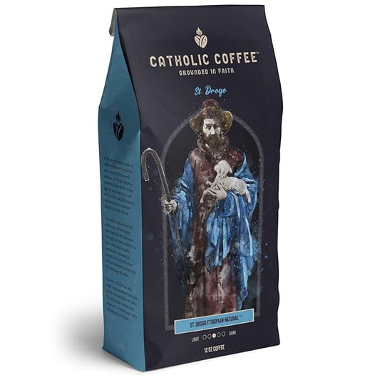 Catholic Coffee St. Drogo | Ethiopian Medium Roast Ground Coffee ??Dark Chocolate & Berry Notes | 12oz Bag ??Catholic Gift for Coffee Lovers