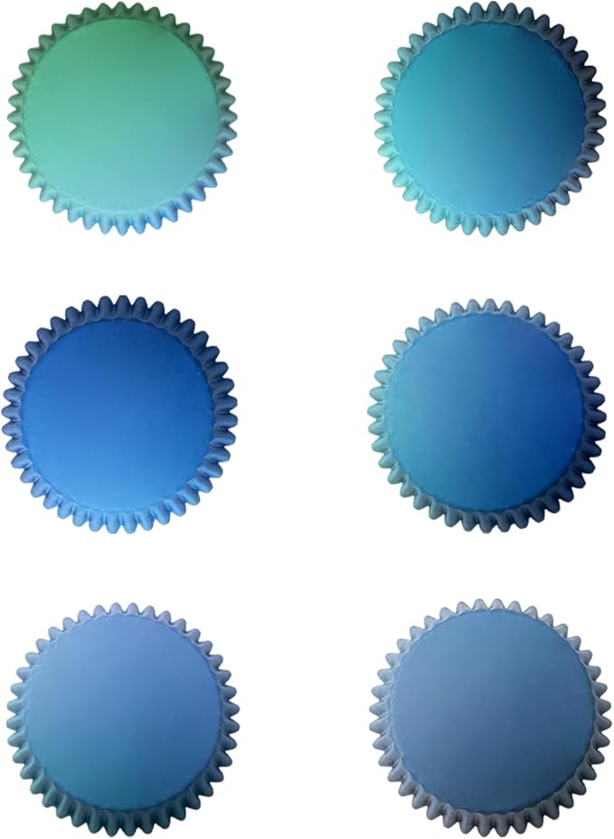 qiqee 300PCS Standard Gradient Cupcake Liners Cupcake Cups 6 Designs Blue Gradient Cupcake Papers Baking Cups Cupcake Wrappers (Medium Size)