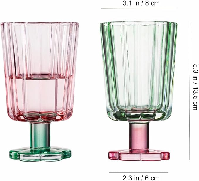 Tall Ripple Drinking Glasses Set of 2 (Pink & Green), Flower Petal Style Glass Goblet, Suitable for Juice, Ice cream, Cocktails, Dessert & More.