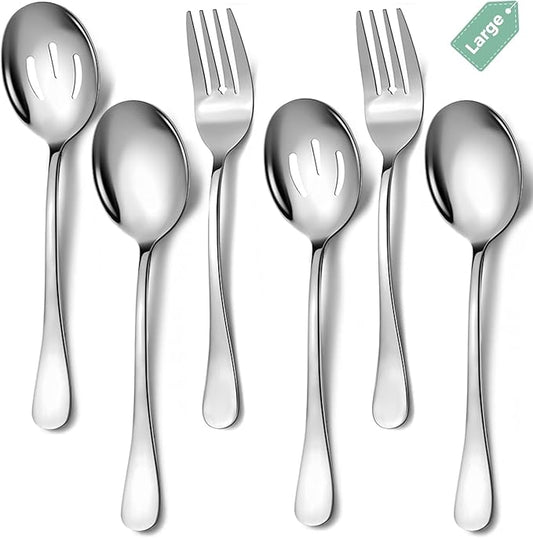 6 Piece Stainless Steel Serving Spoons Set, 10-Inch, Includes 2 Spoon/Slotted/Forks for Parties/Kitchen/Buffet/Catering, Dishwasher Safee