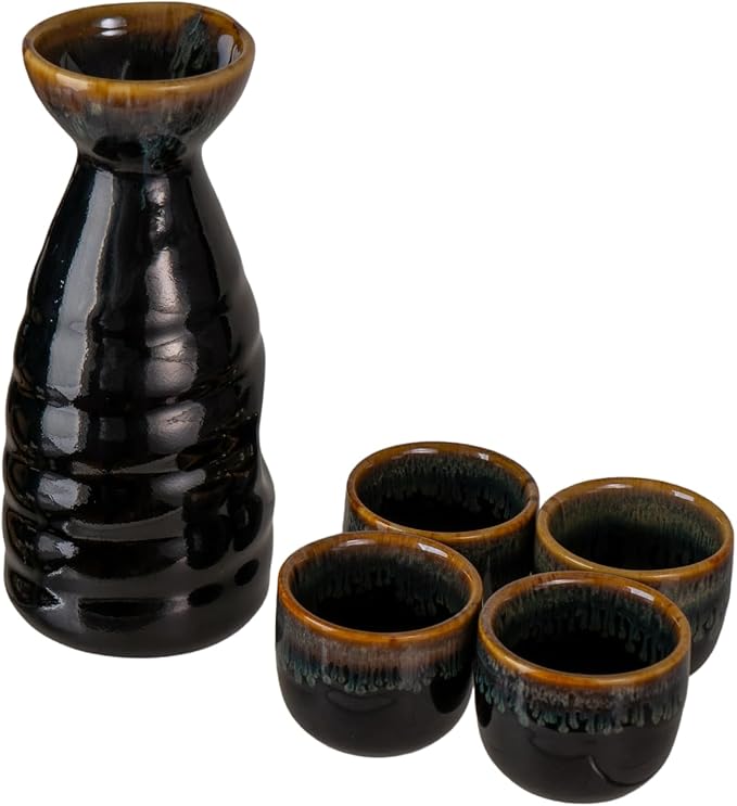 Urban Tokyo Japanese Sake 5 Piece Set Include 1 Sake Bottle and 4 Cups for Hot or Cold Sake Home or Restaurant Use Reactive Glazed Ceramic (Black Brown)