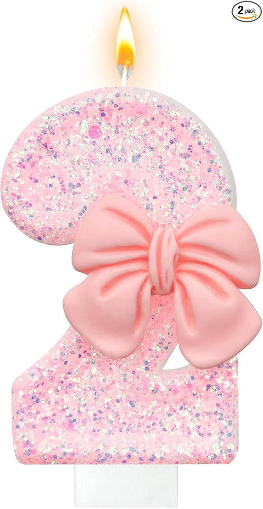 Pink Glitter Bow Cake Candles, 2 Pack, Smokeless, Eco-friendly, Decorative, Unscented, Indoor Use, Modern Style, Number Theme, Perfect for Birthdays
