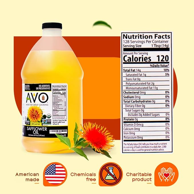 AVO Organic High Oleic Safflower Oil - Frying, Baking, Non-stick Saut챕ing, Salads, Vinaigrette, Marinades, Pan Coating, General Cooking 64 Fl-oz (Half a Gallon), No preservatives, Naturally Processed