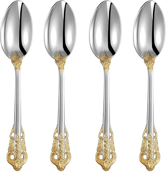 KEAWELL Luxury 7" Tea Spoon, Set of 4, 18/10 Stainless Steel, Sturdy Dessert Spoon, Gorgeous Design with Exceptional Mirror Polished Finish (Gold Accent)