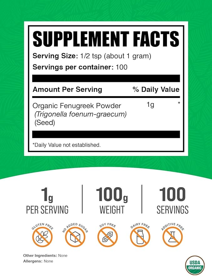 BulkSupplements.com Organic Fenugreek Powder - from Organic Fenugreek Seeds, Trigonella foenum-graecum - Gluten Free, 1g per Serving, 100g (3.5 oz) (Pack of 1)