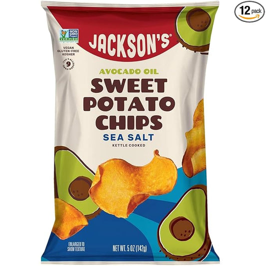 Jackson???Sweet Potato Kettle Chips with Sea Salt made with Premium Avocado Oil (5 oz, Pack of 12) - Allergen-friendly, Gluten Free, Peanut Free, Vegan, Paleo Friendly - Shark Tank Product