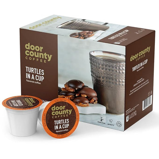 Door County Coffee Turtles in a Cup Flavored Ground | 10 Count Single Serve Cups | Medium Roast | 100% Specialty Arabica | Flavored Gourmet | Caramel and Toasted Pecan