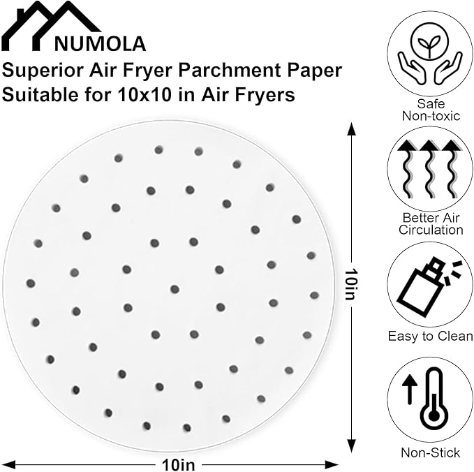 Numola Air Fryer Parchment Paper Liners, 100 Pcs Disposable Papers Liner for Baking, 10 Inch Safe and Non-stick Steamer Liner for Microwave, Oven, Steaming Basket
