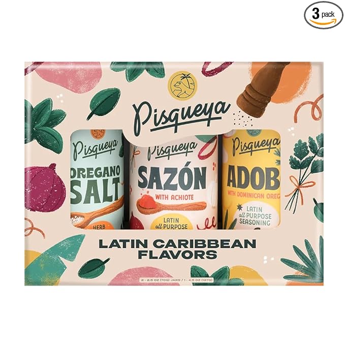 Pisqueya Latin Seasoning Gift Set – Sazón, Adobo & Oregano Sea Salt | Bold Flavor & All-Natural Ingredients | Low Sodium, No MSG, No Preservatives | Pack of 3