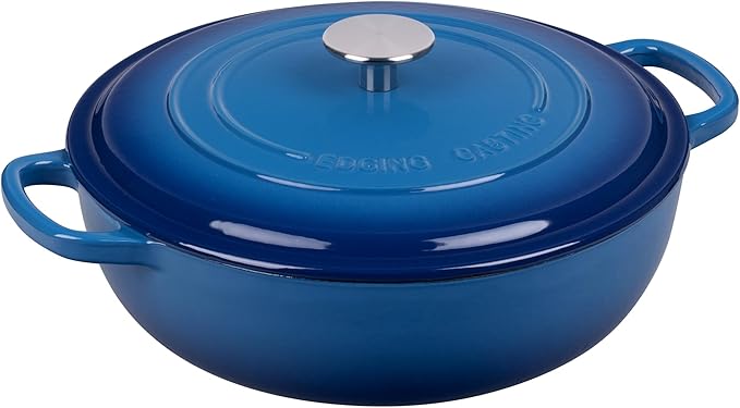 Enameled Cast Iron Dutch Oven Shallow Casserole Braiser with Dual Handle, 3.8 QT, Lake Blue