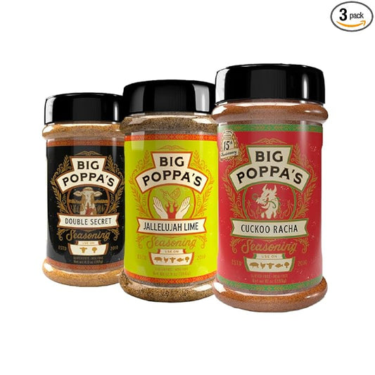 Big Poppa’s Fiery Flavor Trio BBQ Rub Set – Sweet & Spicy Chili Blend, Zesty Lime Garlic Jalapeno Rub & Bold Savory Garlic Seasoning – Premium 3-Pack of Spices for Chicken, Steak, Seafood & Veggies