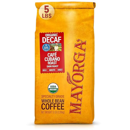 Mayorga Decaf Dark Roast 5lb Bag Cafe Swiss Water Decaffeinated Cubano Roast 100% Arabica Whole Coffee Beans - Smoothest Organic Coffee - Specialty Grade, Non-GMO, Direct Trade