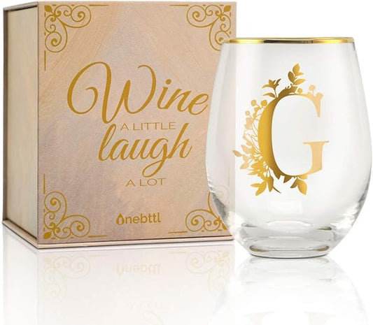 Onebttl Unique Stemless Wine Glasses, Initial Wine Cup for Red or White Wine - 18oz, Monogrammed, Gold - for Women, Girls, Female, Her, Friends, Coworkers, Clients - for Birthday, Christmas