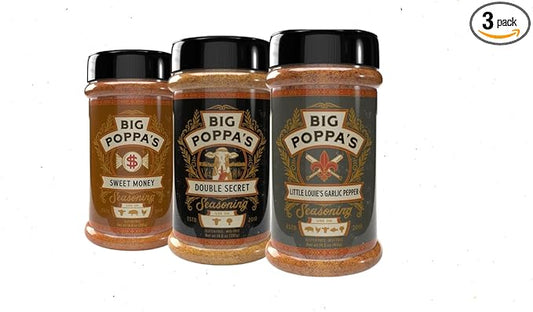 Big Poppa’s Ultimate BBQ Rub Trio – Sweet & Savory Honey, Bold Garlic Spice, and Classic Black Pepper All Purpose Seasoning Blend – Flavor-Rich Spice Rub Set for Chicken, Steak & Backyard Grilling