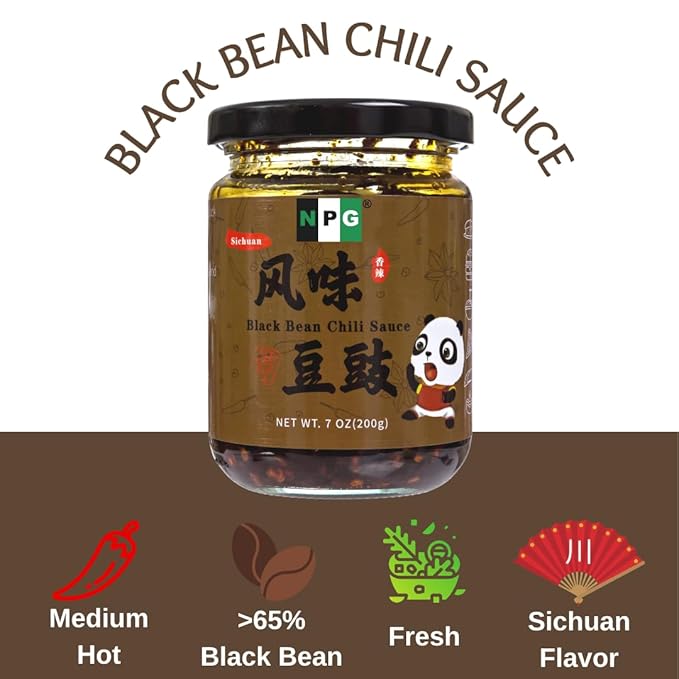 NPG Authentic Sichuan Black Bean Chili Sauce 7 Oz, Medium Heat, Tangy, and Fermented, Ready to Use Hot Sauce for Topping, Dipping, and Cooking, Premium Chinese Condiment