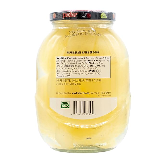 MW Polar Snow Pear Slices in Light Syrup, glass jar 20oz (Pack of 6)