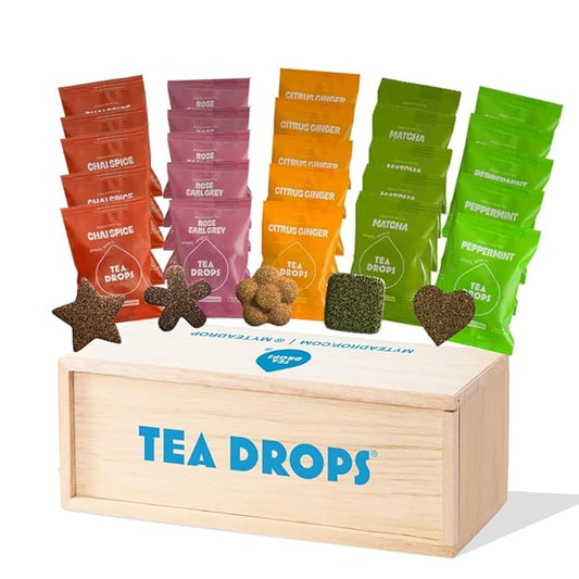 Tea Drops Sampler Box 25 Count | Organic Dissolvable Loose Leaf Tea | Iced or Hot | On-The-Go Naturally Sweetened Organic Chai, Rose Earl Grey, Citrus Ginger, Peppermint, Matcha | 25 Servings - 5 Per Flavor