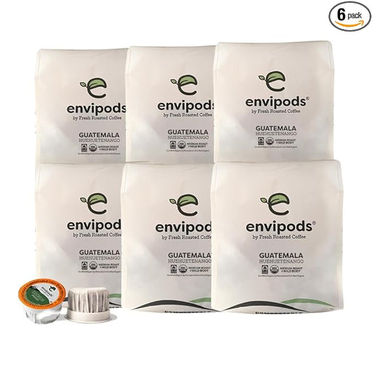 Fresh Roasted Coffee, Organic Guatemala envipods | BPI Compostable, USDA Organic, Mold & Myco 3rd Party Tested | Med Roast 72 CT Compatible With 1.0 & 2.0 K Cup Brewers