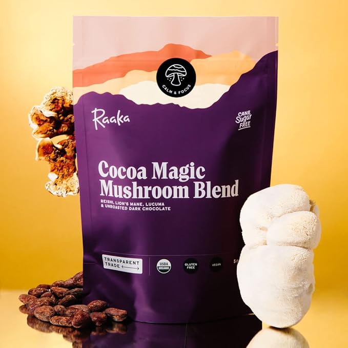 Raaka Cocoa Magic Mushroom Hot Chocolate Blend with Lion?™s Mane, Reishi and Lucuma - Gourmet Adaptogenic Mushroom Hot Chocolate - Organic, Vegan, Low Sugar, Gluten Free, Kosher - 5 oz. Bag (8 Servings)