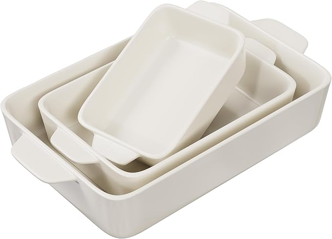 Kook Casserole Dishes for Oven, Ceramic Bakeware Set, Rectangular Baking Dishes, For Casseroles, Lasagna, Cake, Small, Medium & Large Pans, Microwave & Dishwasher Safe, Set of 3 (Cream)