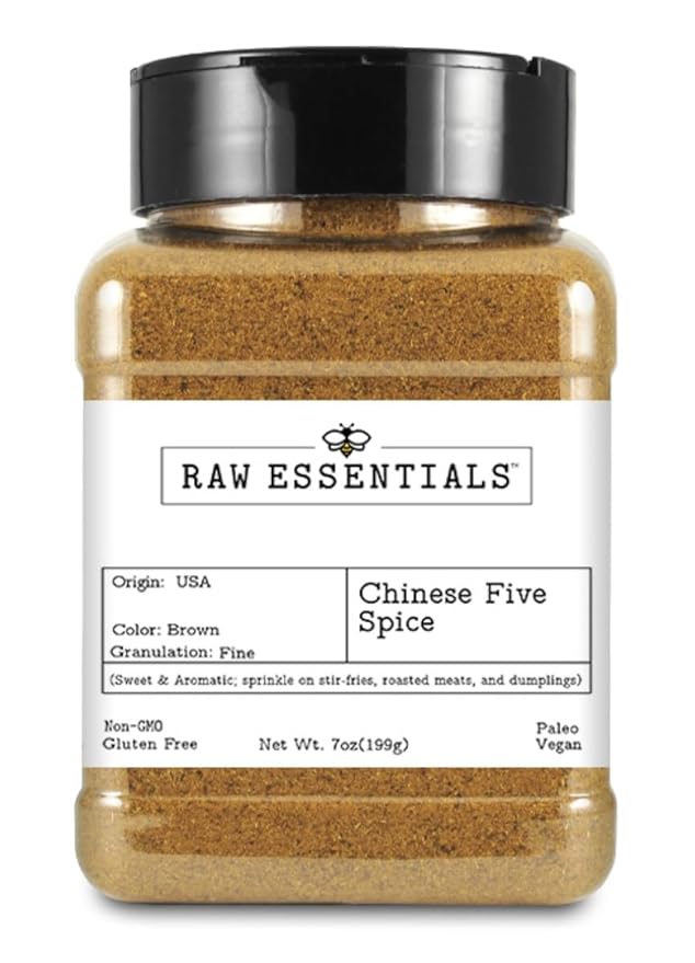 Raw Essentials Chinese 5 Spice ??Sweet and Aromatic Flavor for Stir Fries, Roasted Meats, Dumplings ??Non-GMO, Gluten Free, Vegan, Paleo ??7 Ounce Bottle