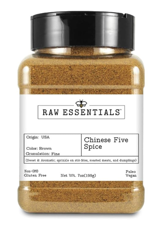 Raw Essentials Chinese 5 Spice ??Sweet and Aromatic Flavor for Stir Fries, Roasted Meats, Dumplings ??Non-GMO, Gluten Free, Vegan, Paleo ??7 Ounce Bottle