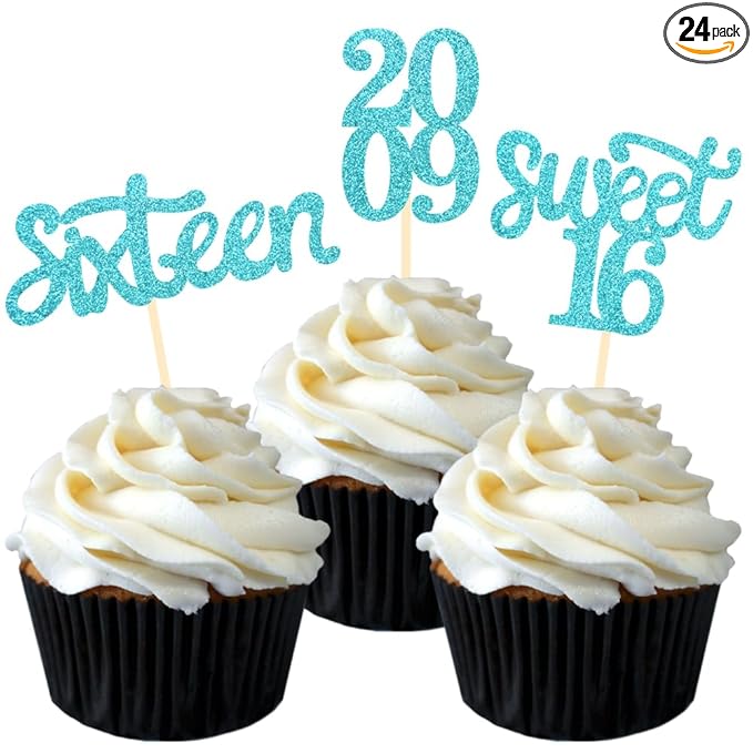 24 Pcs Sweet 16 Blue Glitter Birthday Cupcake Toppers for 16th Birthday Celebrating Party Decorations (Blue)