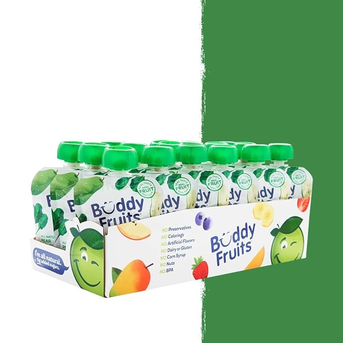 Buddy Fruits & Veggies Snacks To Go Pear Spinach Unsweetened Applesauce 3.2oz Pouch (18pk) Gluten-Nut-Dairy-Preservatives-BPA Free, Non GMO, Kosher