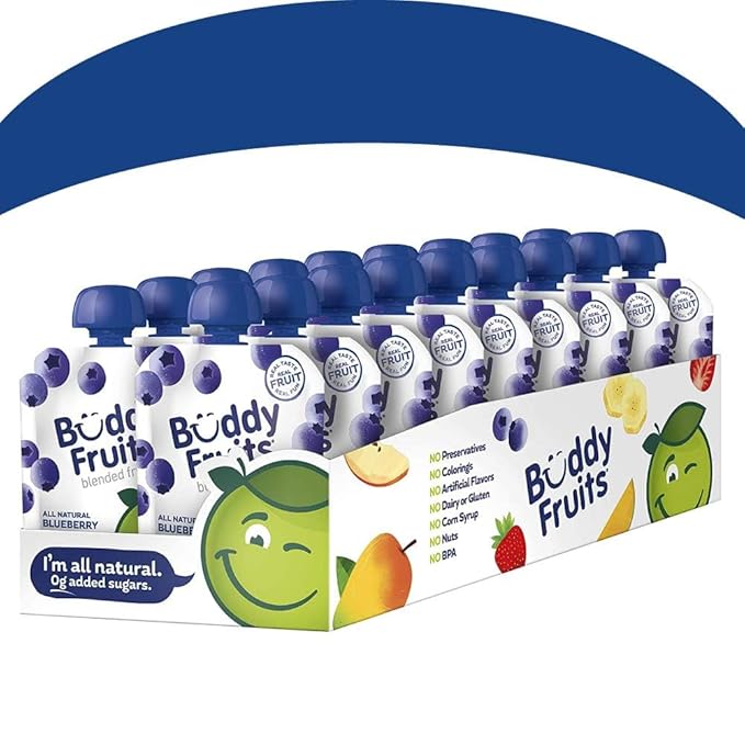 Buddy Fruits Snacks To Go Blueberry Unsweetened Applesauce 3.2oz Pouch (18pk) Gluten-Nut-Dairy-Preservatives-BPA Free, Non GMO, Kosher