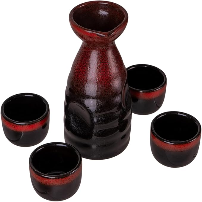 Urban Tokyo Japanese Sake 5 Piece Set Include 1 Sake Bottle and 4 Cups for Hot or Cold Sake Home or Restaurant Use Reactive Glazed Ceramic (Black and Red)