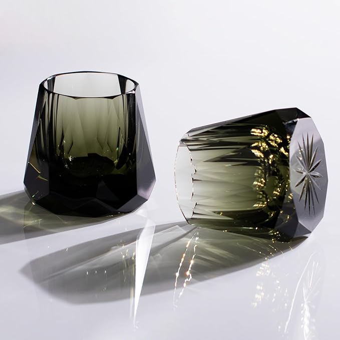 Crystal Whiskey Glass, Geometric Cut Design, Smoke Gray, 300ml Premium Cocktail Tumbler (gray)