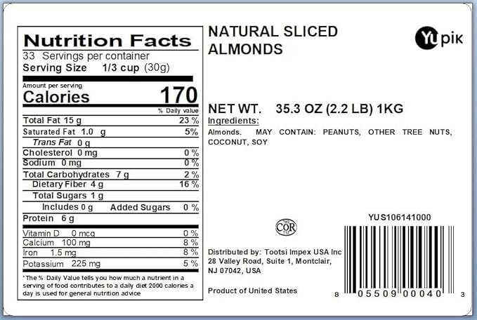 Yupik Sliced California Almonds With Skins, 2.2 lb, Unblanched, Gluten-Free, Kosher, Raw, Good Source Of Protein, Fiber, Iron & Calcium, Low In Carb, Pack of 6