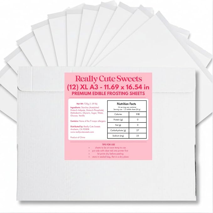A3 XL Edible Frosting Sheets for Wide Format Edible Printers by Really Cute Sweets - 12-Pack Premium Sugar Paper for Cake, Cookies, and Photo Decoration - White, Big Edible Icing Sheets 11.7 x 16.5"