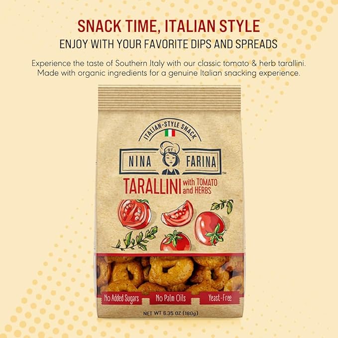 NINA FARINA Tarallini Tomato & Herb-Fresh Baked Italian Crackers Free from Added Sugars, Palm Oils, Yeast - Italian Style Nutritious Tarallini Crackers Great for Health 6.35oz/bag (4PACK)