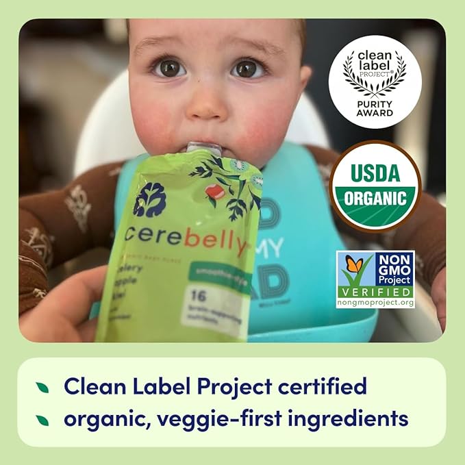Cerebelly Organic Baby Food Pouches ??Dairy Free Smoothies for Toddlers | No Added Sugar, Fiber, Non-GMO | Toddler Smoothie Pouches | 4oz BPA-Free Baby Food | Celery Apple Kiwi | 6 Count
