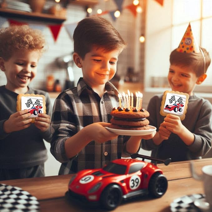 Race Car Themed Cookies Party Favors | Individually Wrapped 24 Pack Bulk | for Kids Birthday Treats | Red Black White Raceway Race Track Checkered Racing Theme