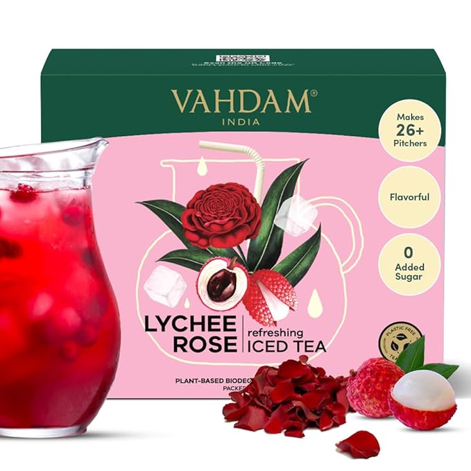 Lychee Rose Iced Tea Bags - 26 Pitcher Tea Bags | Zero Added Sugar | Makes 52 Quarts | Blended with Pure Lychee & Rose | Best for Mocktails & Cocktails | Plant-Based Biodegradable Tea Bags | VAHDAM
