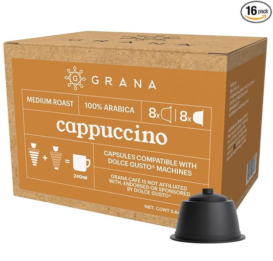 GRANA Cappuccino 16 Capsules Compatible with Nescafe Dolce Gusto - 16 Count - 100% Arabica, Single Source, Clean Coffee Pods
