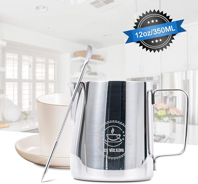 Milk Frothing Pitcher 12oz, Espresso Steaming Pitchers 350ml, Frother cup, Coffee Cappuccino Latte Art,304 Stainless Steel Jug with Decorating Art Pen