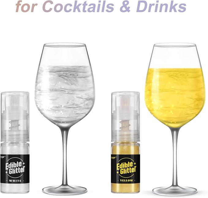 Sujoygar Edible Glitter Spray 2 Colors, White and Yellow Edible Glitter for Cocktails, Shimmer Powder Luster Dust Edible for Cake Drink Strawberrie Cupcake Cookies Baking Decoretion, Vegan(5g/Bottle)
