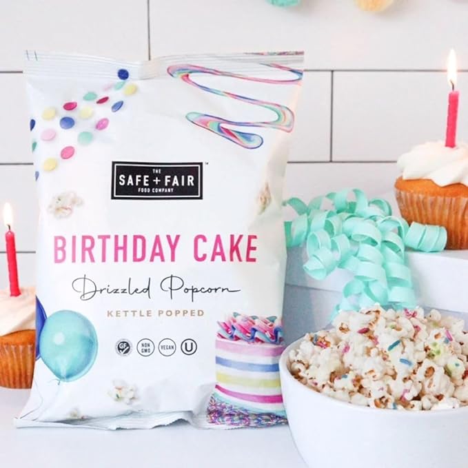 Safe + Fair Birthday Cake Drizzled Popcorn - Gluten-Free, Dairy Free and Vegan Snack - Free From Top 9 Allergens and Artificial Ingredients ??Non GMO, Plant Based Kettle Popped Corn, 5.5oz, 6 Pack