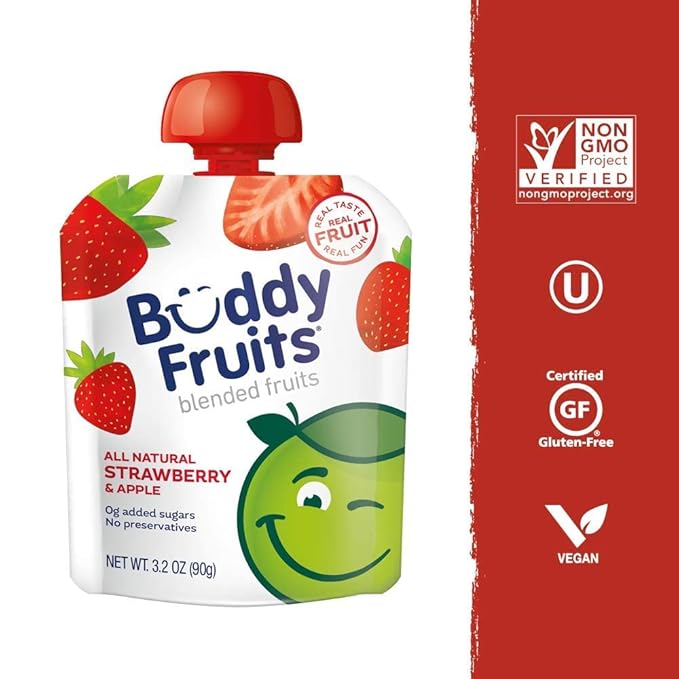 Buddy Fruits Pure Blended Fruit Snack To Go Apple and Strawberry Applesauce 3.2oz (Pack of 12) | 100% Real Fruit | No Sugar, Non GMO, Vegan, Gluten Free, No Preservatives, BPA Free, Certified Kosher