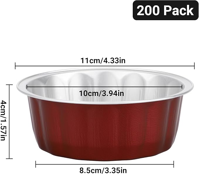 Beasea Aluminum Baking Cups, 8oz 200 Pack Disposable Ramekins Foil Cups Baking 3.9" Ramekin Cup Cupcake Aluminum Mini Baking Cups for Party - Wine Red