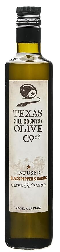 Black Pepper Garlic Infused Olive Oil - Cold Pressed Gourmet EVOO Olive Oil - Great for Dressing Dipping Marinade - No Artificial Flavors or Added Sugar - Made in Texas (16.9 Fl Oz)