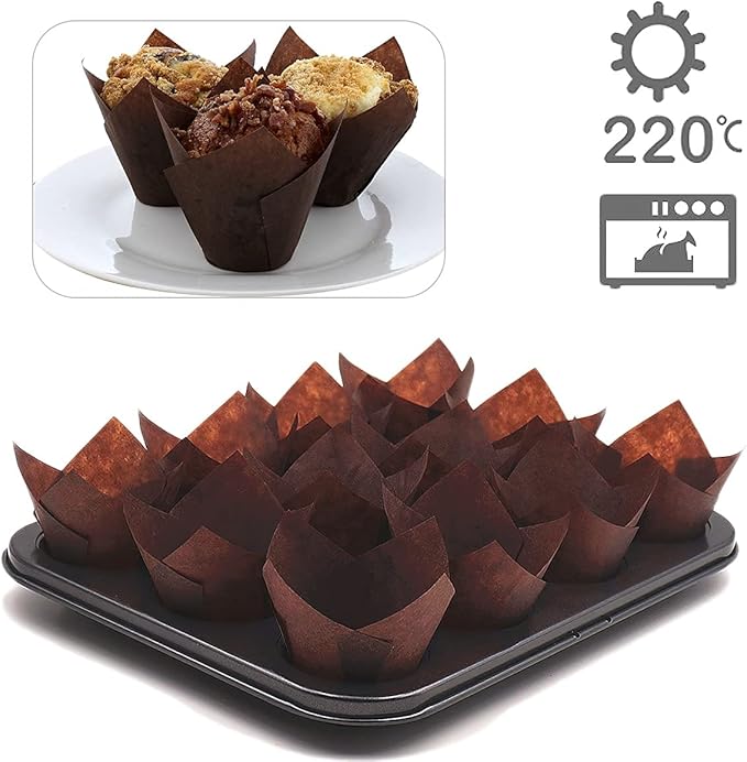 200PACK Tulip Baking Paper Cups Cupcake Liners Baking Cups Muffin Wrappers Greaseproof Paper Made,Perfect for Birthday Parties,Weddings,Bakeries,Restaurants, Brown
