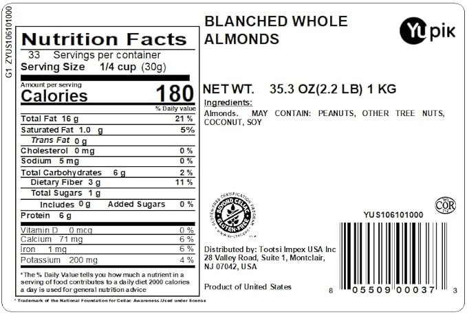 Yupik Whole Blanched California Almonds, 2.2 lb, Skinless, Unsalted, Gluten-Free, Kosher, Raw, Good Source Of Protein, Fiber, Iron & Calcium, Low In Carb, Pack of 1