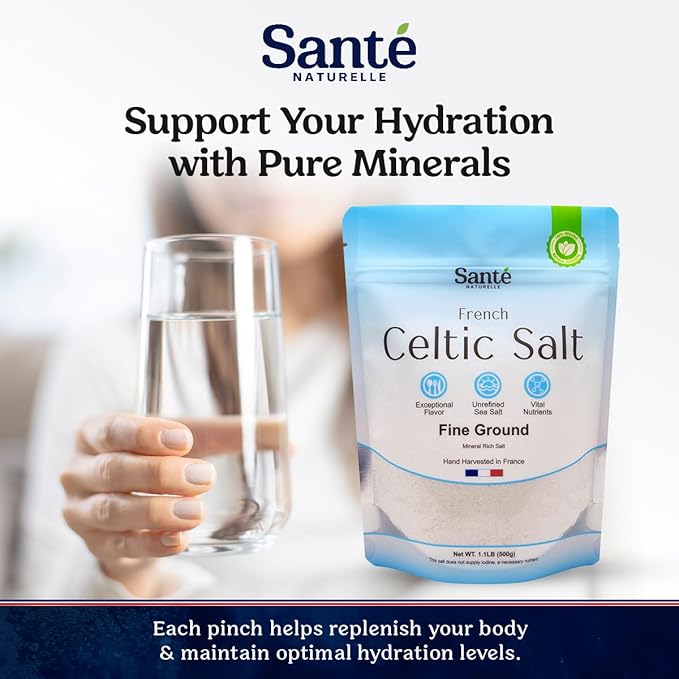 Sante Fine Ground Sea Salt From the Celtic Sea - 1.1lb (18oz) Unrefined French Sea Salt Organic, Rich in 82+ Minerals Salt, 100% Natural & Hand Harvested