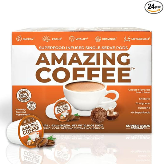 Superfoods Company Amazing Coffee- 12 Natural Superfoods - French Roast - Weight Loss & Brain Boost - Gluten Free, Non-GMO, Sugar Free, Vegan & Keto Friendly [24 Pods] [Cocoa]