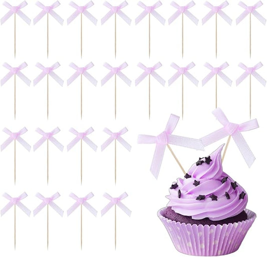 24Pcs Purple Bow Birthday Decorations Cupcake Toppers Supplies Purple Bow Baby Shower Cupcake Toppers Decorations for Girl Party Supplies Coquette Birthday Decorations