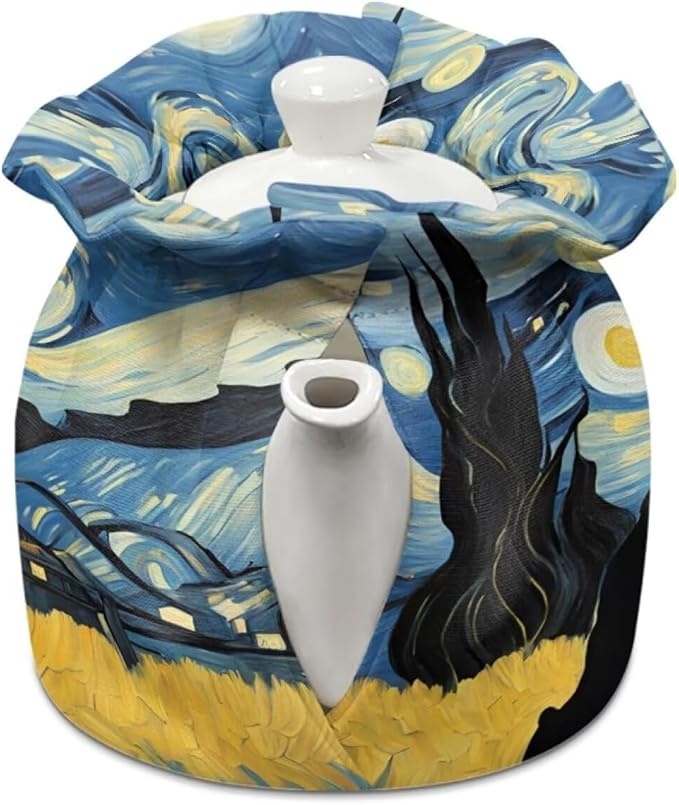 Starry Night Dog Oil Painting Breakfast Pot Cover Dust Proof Insulated Teapot Cover Keep Teapot Warm Not Easy to Pilling and Not Easy to Fade